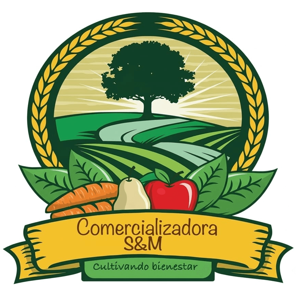 Emblema de Comercializadora S&M: un árbol sobre campos sembrados, con frutas y hortalizas